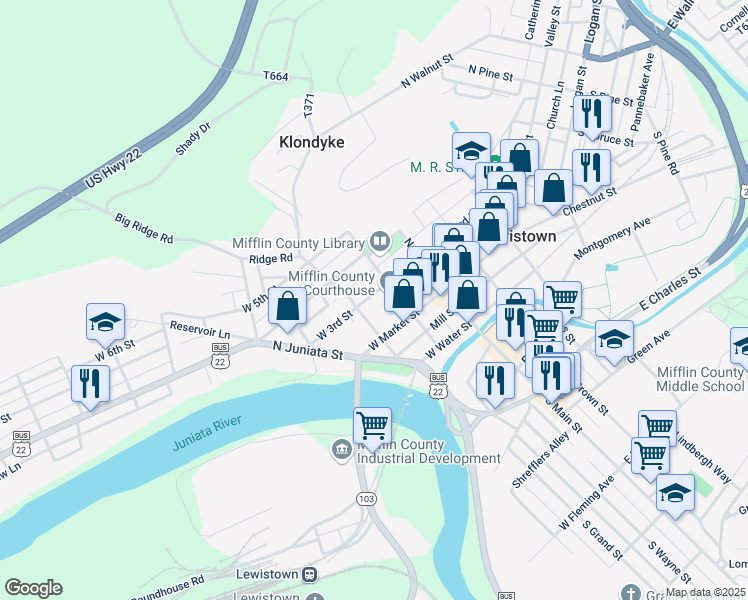 map of restaurants, bars, coffee shops, grocery stores, and more near 122 West 3rd Street in Lewistown