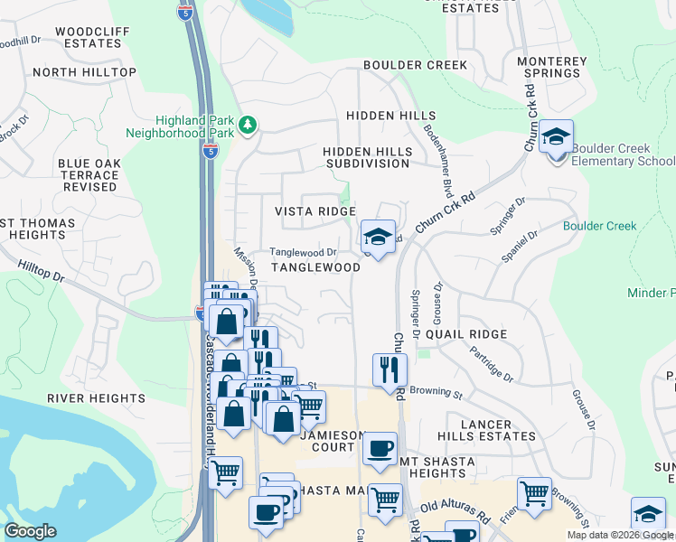 map of restaurants, bars, coffee shops, grocery stores, and more near 758 Coffeeberry Way in Redding
