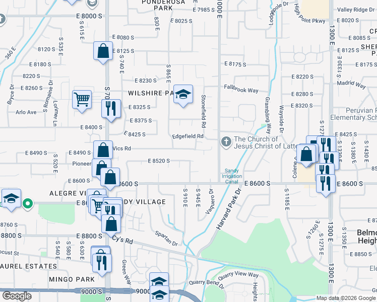 map of restaurants, bars, coffee shops, grocery stores, and more near 907 Vics Road in Sandy
