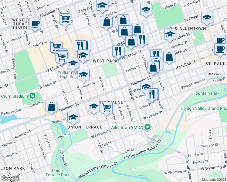 map of restaurants, bars, coffee shops, grocery stores, and more near Hamilton St & N 16th St in Allentown