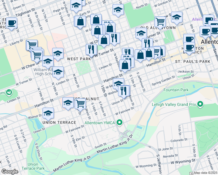 map of restaurants, bars, coffee shops, grocery stores, and more near 1444 Hamilton Street in Allentown