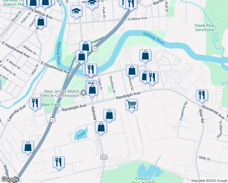 map of restaurants, bars, coffee shops, grocery stores, and more near 1330 Stockton Street in Rahway