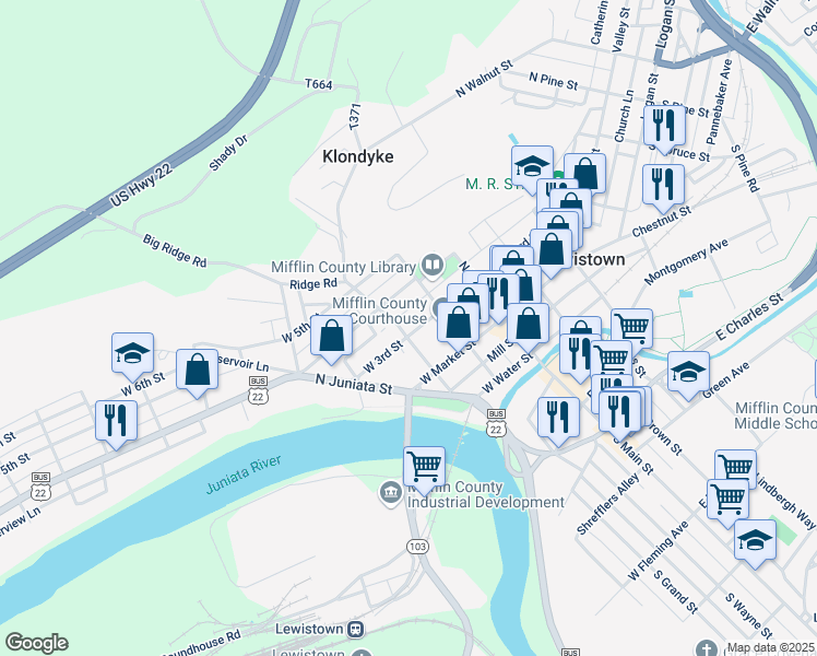map of restaurants, bars, coffee shops, grocery stores, and more near 139 West 3rd Street in Lewistown