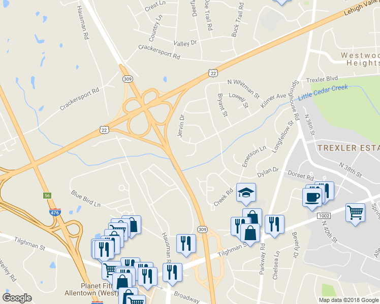 map of restaurants, bars, coffee shops, grocery stores, and more near 4433 Stoney Brook Court in Allentown