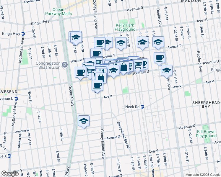 map of restaurants, bars, coffee shops, grocery stores, and more near 2141 Homecrest Avenue in Brooklyn