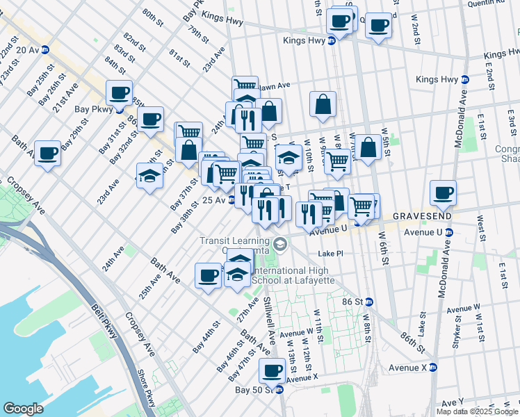 map of restaurants, bars, coffee shops, grocery stores, and more near 2020 West 13th Street in Brooklyn