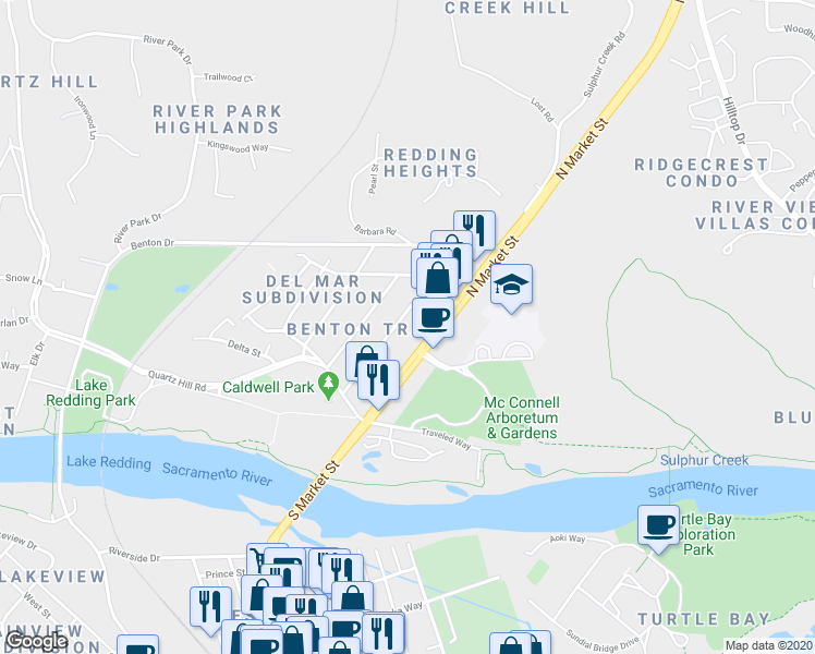 map of restaurants, bars, coffee shops, grocery stores, and more near 705 Loma Street in Redding