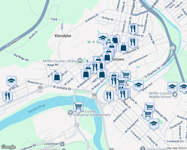 map of restaurants, bars, coffee shops, grocery stores, and more near 16 West Market Street in Lewistown