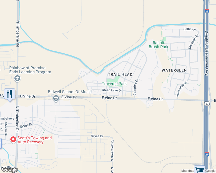 map of restaurants, bars, coffee shops, grocery stores, and more near 3293 Glacier Creek Drive in Fort Collins