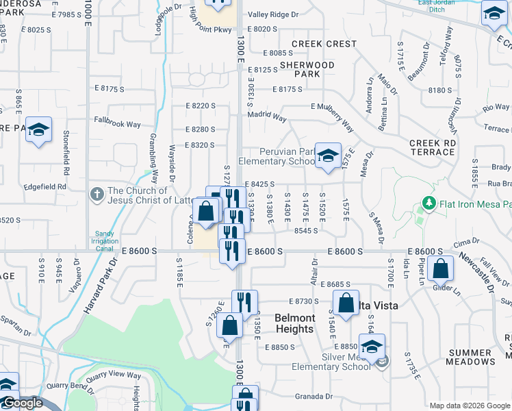 map of restaurants, bars, coffee shops, grocery stores, and more near 8455 South 1330 East in Sandy