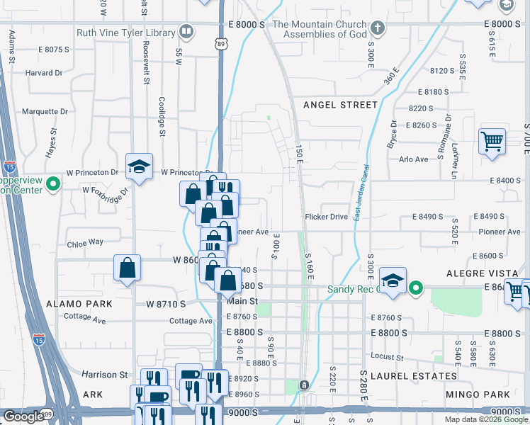 map of restaurants, bars, coffee shops, grocery stores, and more near 8446 Solar Way in Sandy