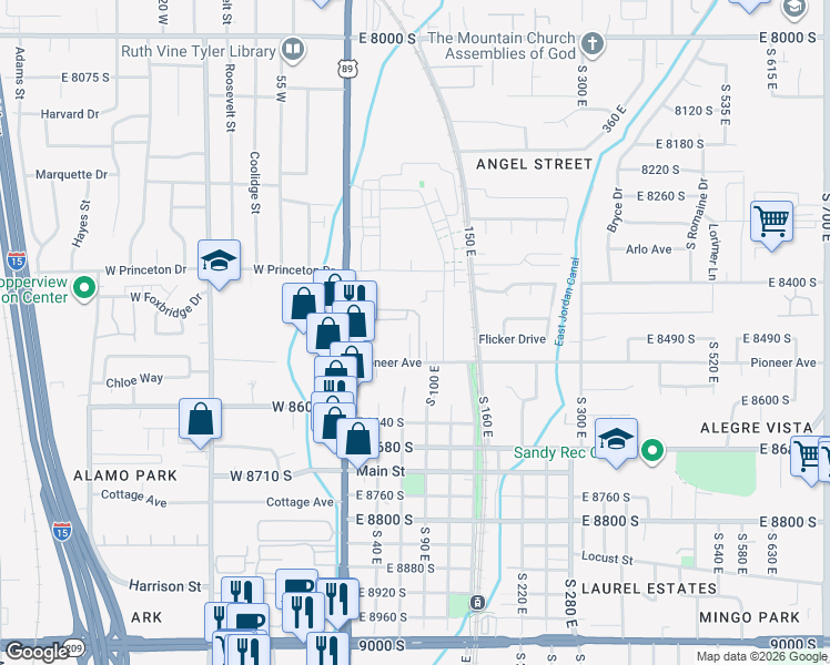 map of restaurants, bars, coffee shops, grocery stores, and more near 8446 Solar Way in Sandy
