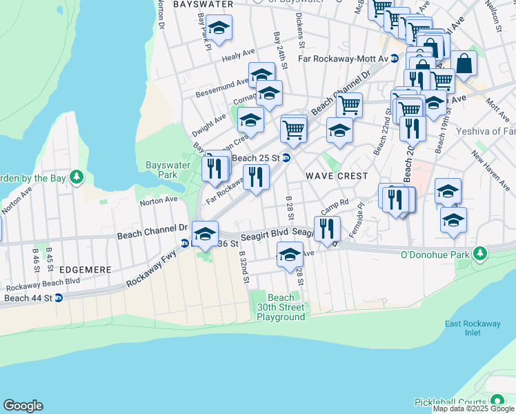 map of restaurants, bars, coffee shops, grocery stores, and more near 30-16 Brookhaven Avenue in Queens