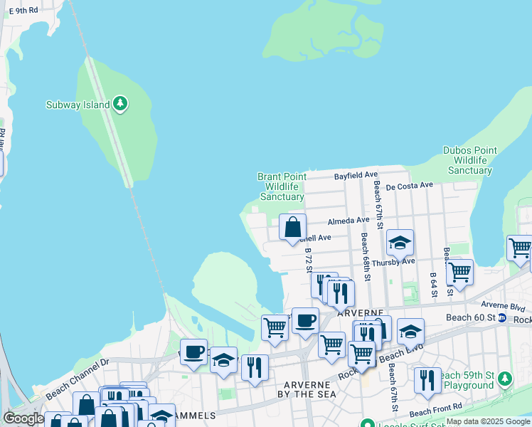 map of restaurants, bars, coffee shops, grocery stores, and more near 72-03 Hillmeyer Avenue in Queens