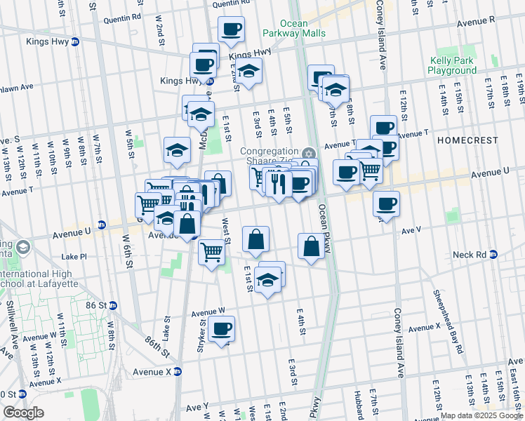 map of restaurants, bars, coffee shops, grocery stores, and more near 401 Avenue U in Brooklyn