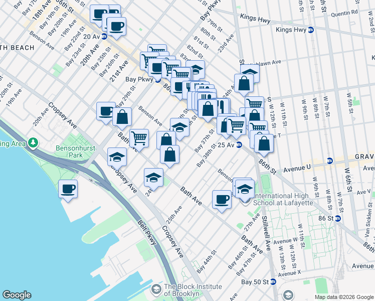 map of restaurants, bars, coffee shops, grocery stores, and more near 2415 Benson Avenue in Brooklyn