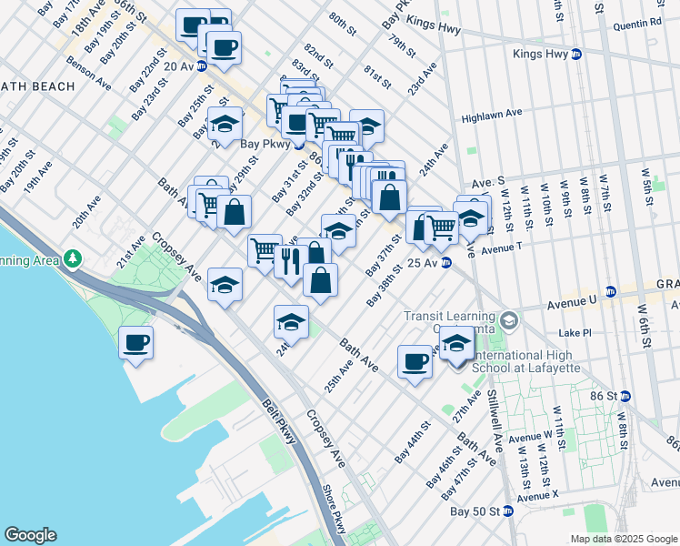 map of restaurants, bars, coffee shops, grocery stores, and more near 2360 Benson Avenue in Brooklyn