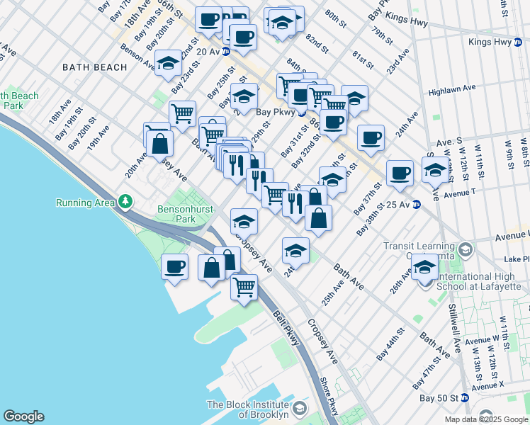 map of restaurants, bars, coffee shops, grocery stores, and more near 180 Bay 32nd Street in Brooklyn