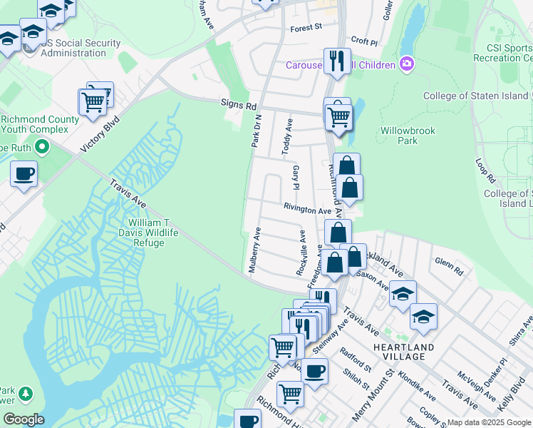 map of restaurants, bars, coffee shops, grocery stores, and more near 12 Mulberry Avenue in Staten Island