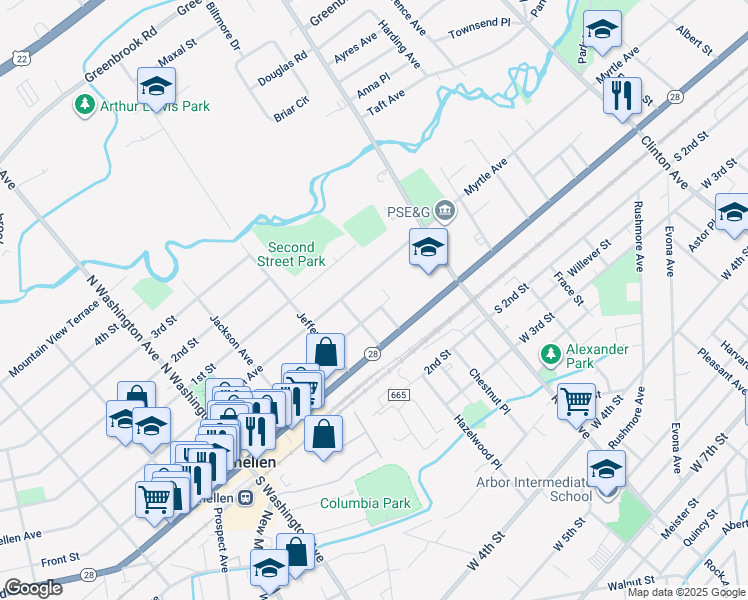 map of restaurants, bars, coffee shops, grocery stores, and more near 1810 Bradford Street in Plainfield