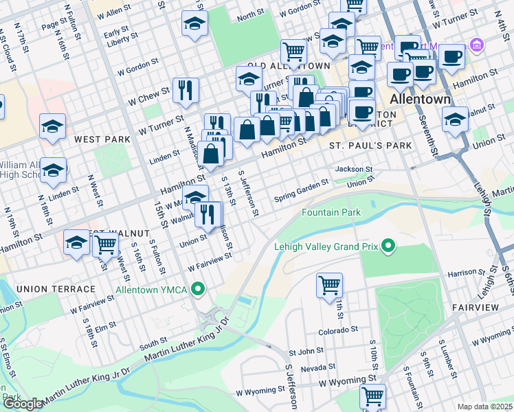 map of restaurants, bars, coffee shops, grocery stores, and more near 1214 Hickory Street in Allentown