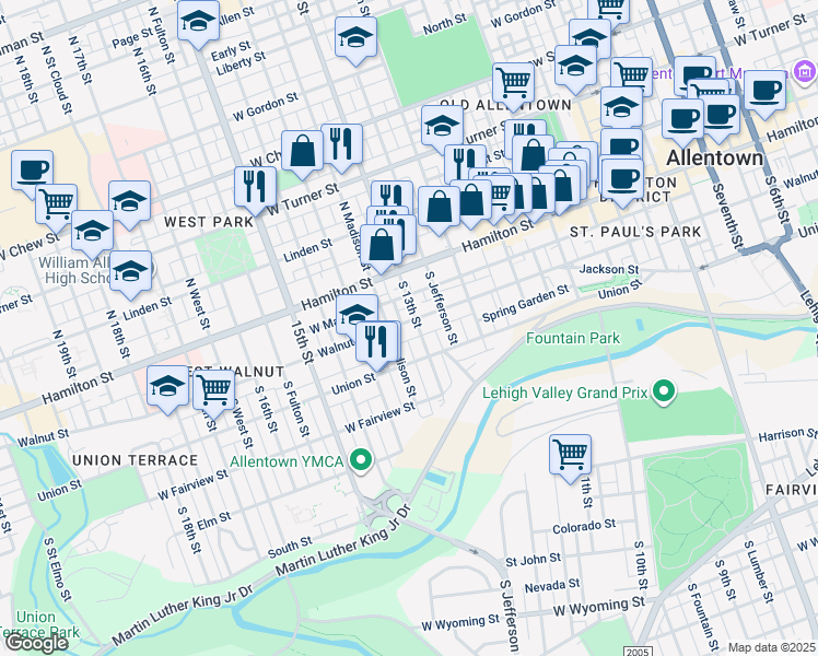 map of restaurants, bars, coffee shops, grocery stores, and more near 1250 Walnut Street in Allentown