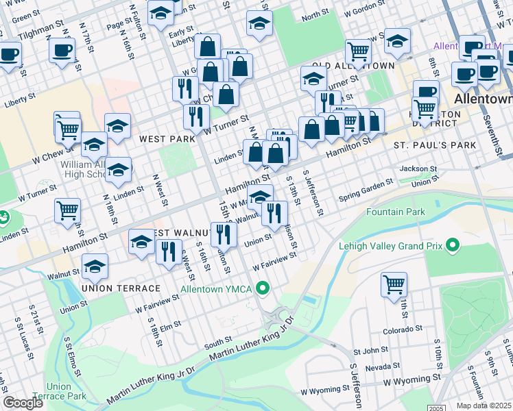 map of restaurants, bars, coffee shops, grocery stores, and more near 26 South 14th Street in Allentown