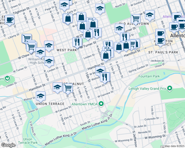 map of restaurants, bars, coffee shops, grocery stores, and more near 1444 Hamilton Street in Allentown