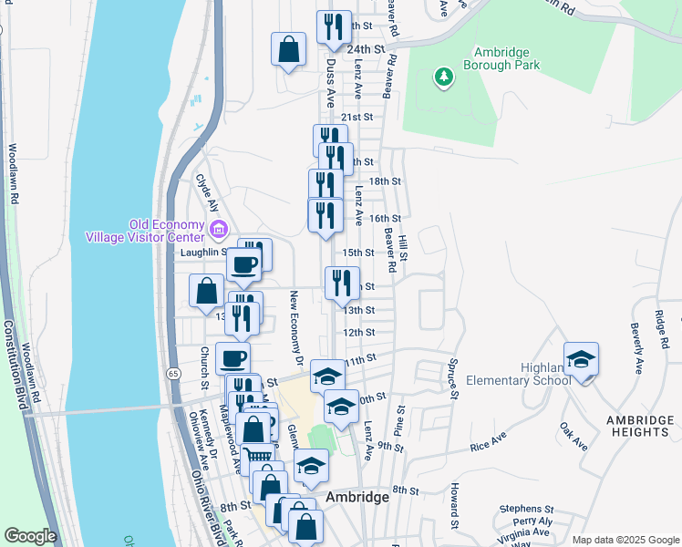 map of restaurants, bars, coffee shops, grocery stores, and more near 1422 Duss Avenue in Ambridge