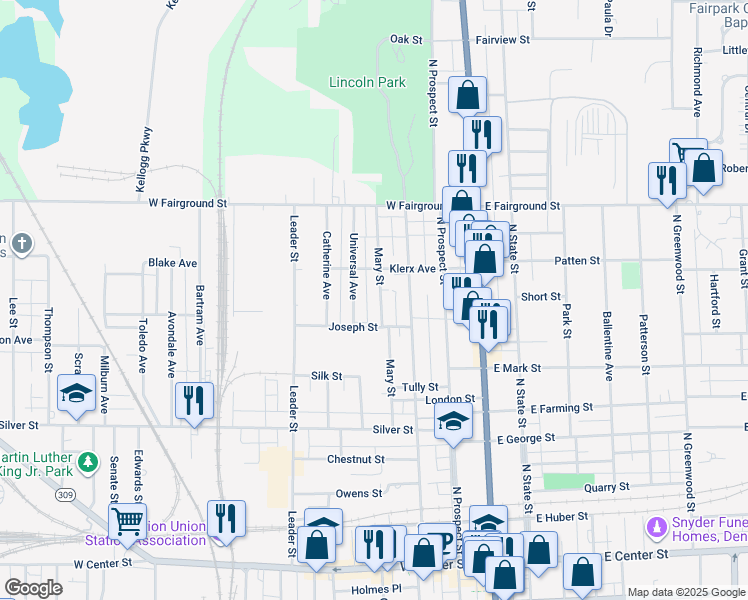 map of restaurants, bars, coffee shops, grocery stores, and more near 546 Universal Avenue in Marion
