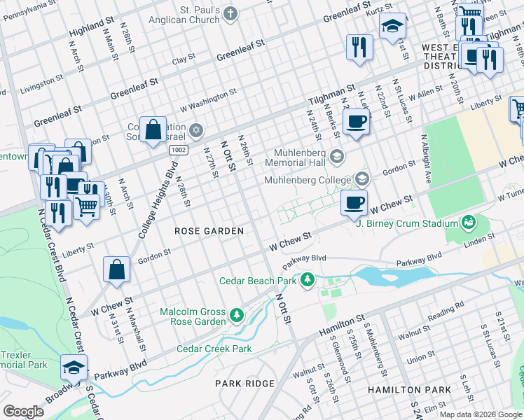 map of restaurants, bars, coffee shops, grocery stores, and more near 422 North 26th Street in Allentown