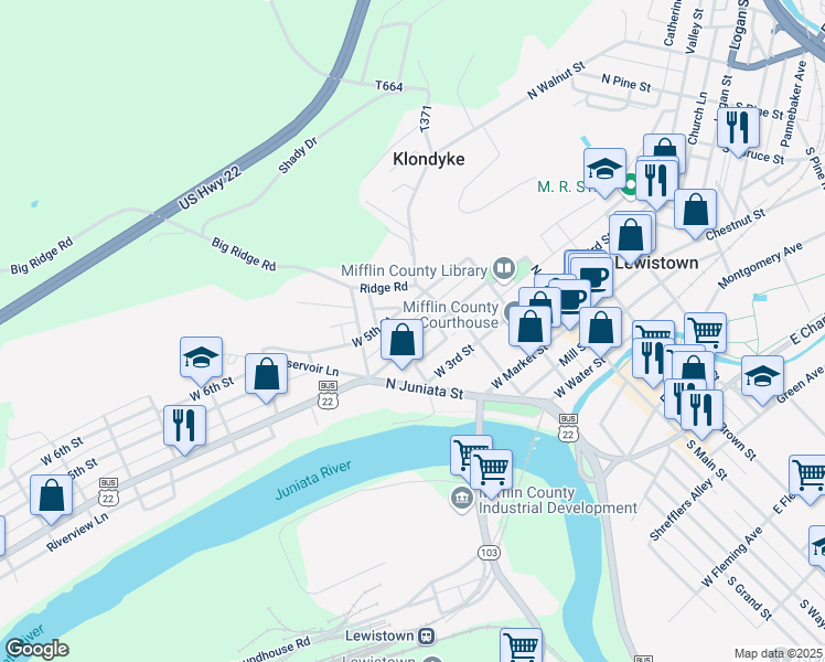map of restaurants, bars, coffee shops, grocery stores, and more near 131 West 4th Street in Lewistown