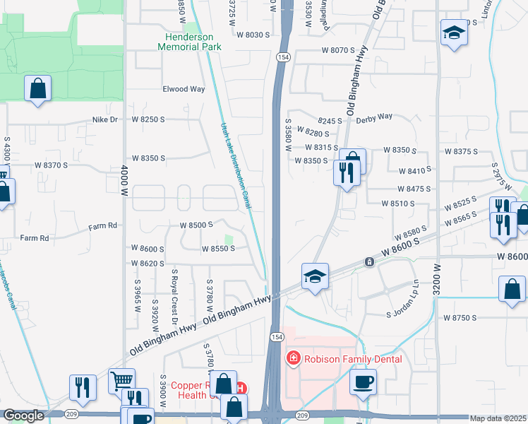 map of restaurants, bars, coffee shops, grocery stores, and more near 8461 South Meadowlark Lane in West Jordan