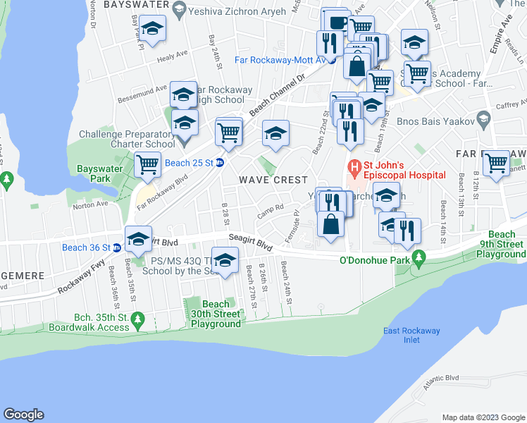 map of restaurants, bars, coffee shops, grocery stores, and more near 382 Beach 25th Street in Queens