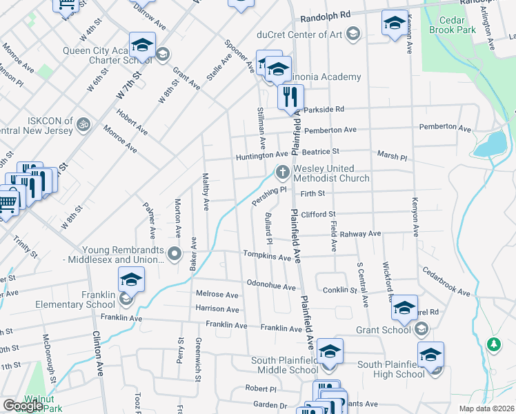 map of restaurants, bars, coffee shops, grocery stores, and more near 1575 Pershing Place in South Plainfield