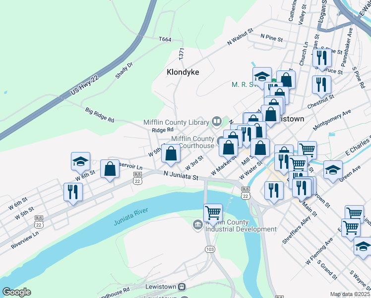 map of restaurants, bars, coffee shops, grocery stores, and more near 114 West 4th Street in Lewistown