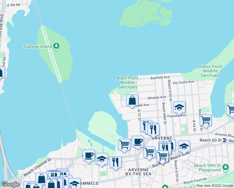map of restaurants, bars, coffee shops, grocery stores, and more near 74-20 Hillmeyer Avenue in Queens