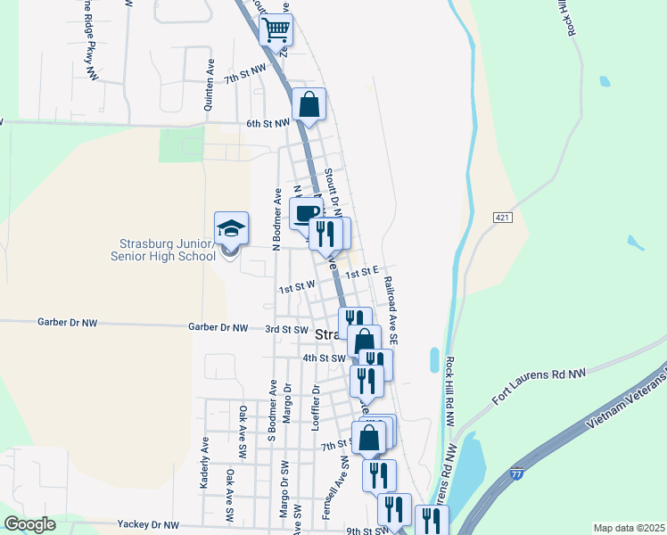 map of restaurants, bars, coffee shops, grocery stores, and more near 134 North Wooster Avenue in Strasburg