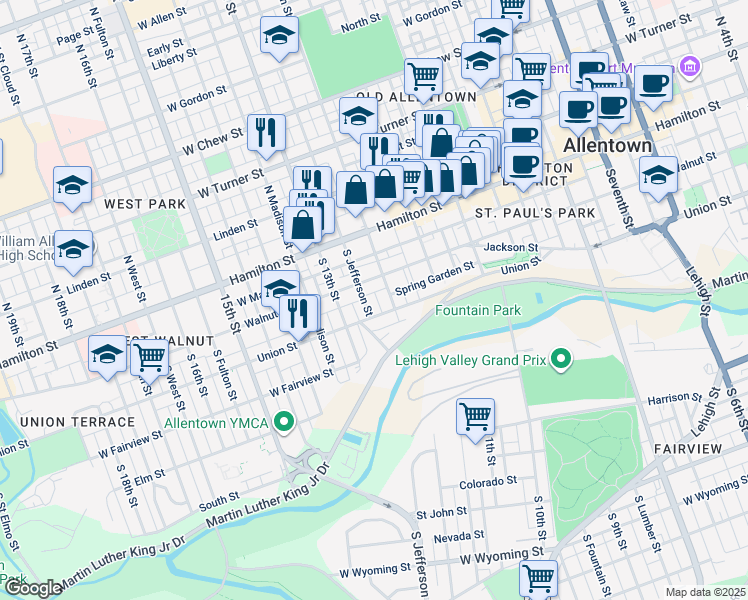 map of restaurants, bars, coffee shops, grocery stores, and more near 122 South Blank Street in Allentown