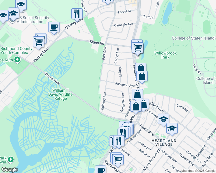 map of restaurants, bars, coffee shops, grocery stores, and more near 12 Mulberry Avenue in Staten Island