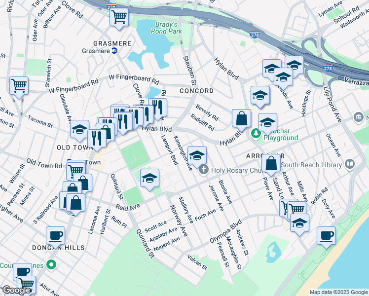 map of restaurants, bars, coffee shops, grocery stores, and more near 41 Kensington Avenue in Staten Island