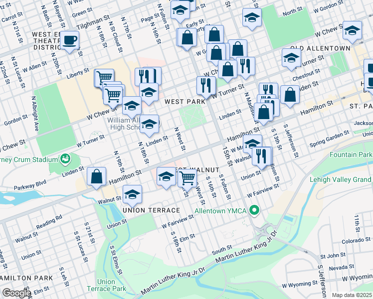 map of restaurants, bars, coffee shops, grocery stores, and more near in Allentown