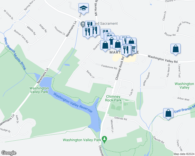 map of restaurants, bars, coffee shops, grocery stores, and more near 2037 Bartle Lane in Bridgewater