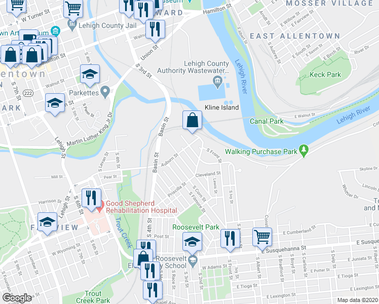 map of restaurants, bars, coffee shops, grocery stores, and more near 610 South Fawn Street in Allentown