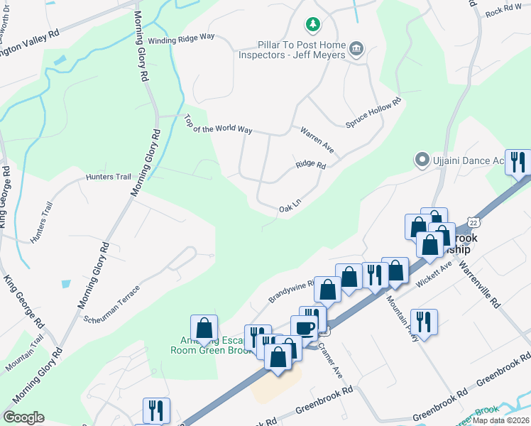 map of restaurants, bars, coffee shops, grocery stores, and more near 17 Oak Lane in Green Brook Township