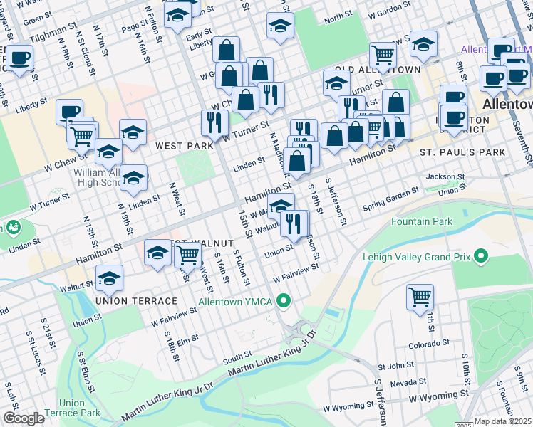 map of restaurants, bars, coffee shops, grocery stores, and more near 26 South 14th Street in Allentown