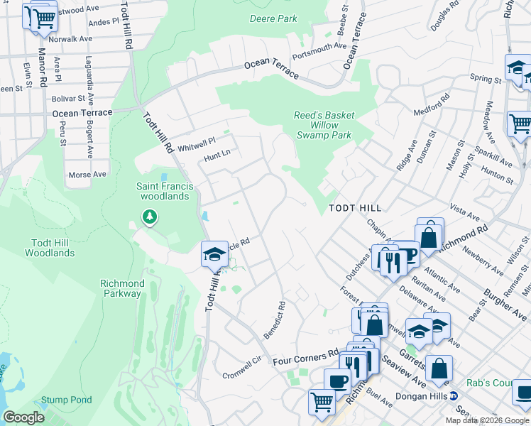 map of restaurants, bars, coffee shops, grocery stores, and more near 68 Circle Road in Staten Island