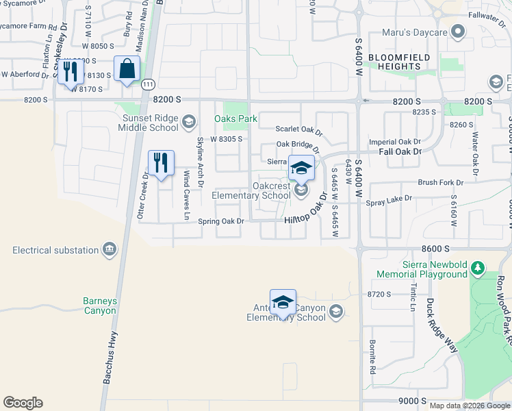 map of restaurants, bars, coffee shops, grocery stores, and more near 8484 Ivy Springs Lane in West Jordan