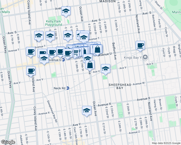 map of restaurants, bars, coffee shops, grocery stores, and more near Avenue V in Brooklyn