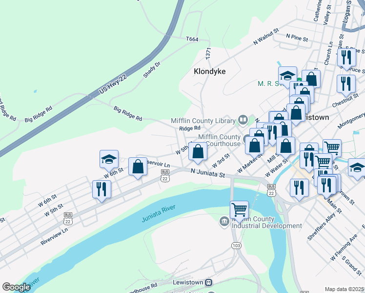 map of restaurants, bars, coffee shops, grocery stores, and more near 287 West 5th Street in Lewistown